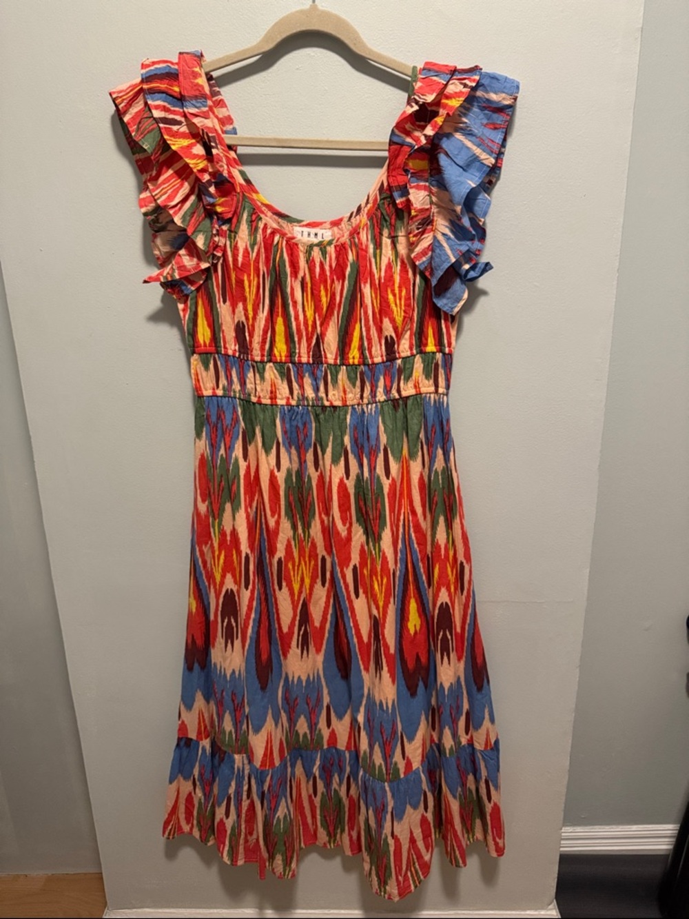 THML Multicolor Red Blue Green Cream Ikat Midi Dress
